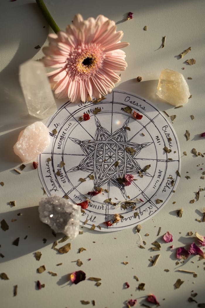 Top view of a mystical floral arrangement with the Wheel of the Year surrounded by petals and crystals, capturing natural beauty.